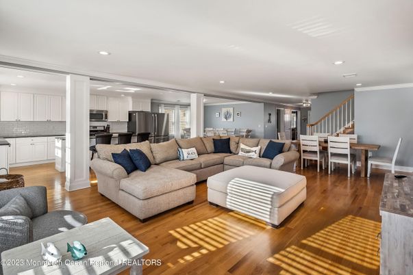 Dining room, Interior, Kitchen, Living room, Recessed Lighting, Stainless Steel Appliances, Wood Texture Flooring