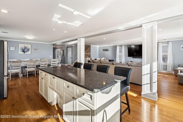 Dining room, Interior, Living room, Recessed Lighting, Wood Texture Flooring