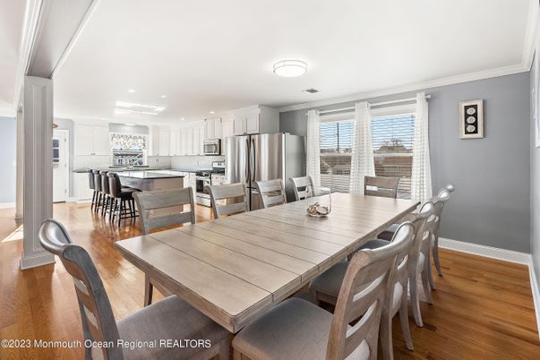 Dining room, Interior, Kitchen, Recessed Lighting, Stainless Steel Appliances, Wood Texture Flooring