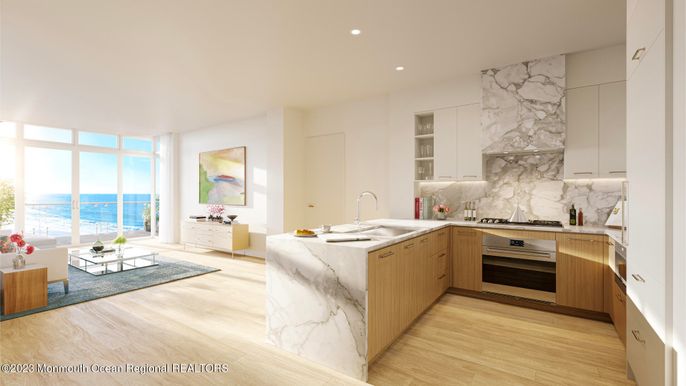 Interior, Kitchen, Marble Walls, Recessed Lighting, Stainless Steel Appliances, Water, Wood Texture Flooring