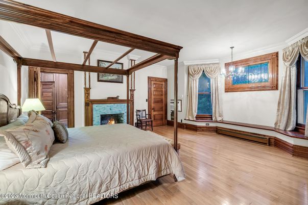 Bedroom, Fireplace, Interior, Pendant Lights, Wood Texture Flooring
