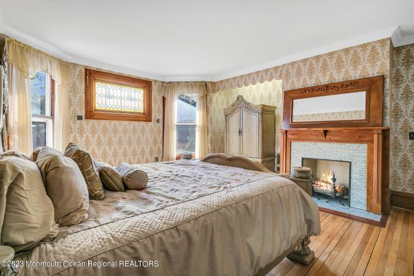 Bedroom, Fireplace, Interior, Wood Texture Flooring