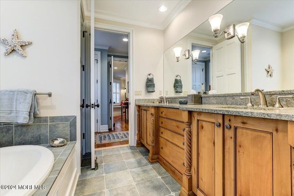 Bathroom, Dual Sink Vanities, Interior, Recessed Lighting, Tile Countertops