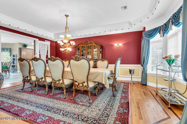 Chandelier, Dining room, Interior, Wood Texture Flooring