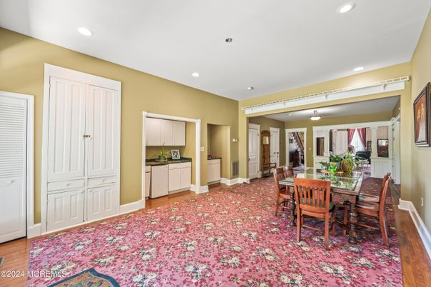Dining room, Interior, Recessed Lighting, Wood Texture Flooring