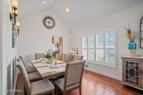 Dining room, Interior, Recessed Lighting, Wood Texture Flooring