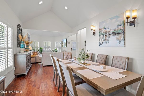 Dining room, Interior, Living room, Recessed Lighting, Wood Texture Flooring