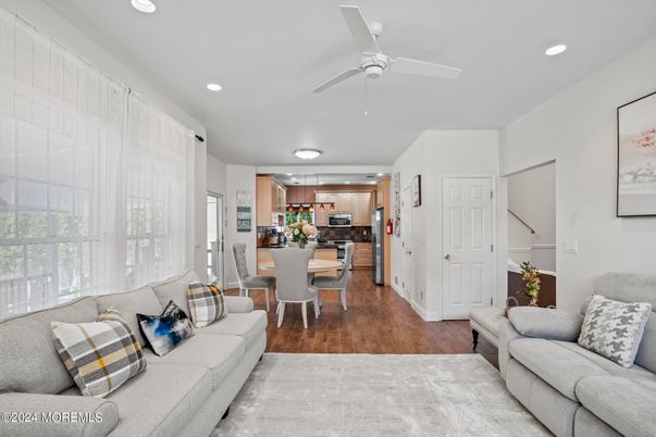 Dining room, Interior, Kitchen, Living room, Recessed Lighting, Wood Texture Flooring