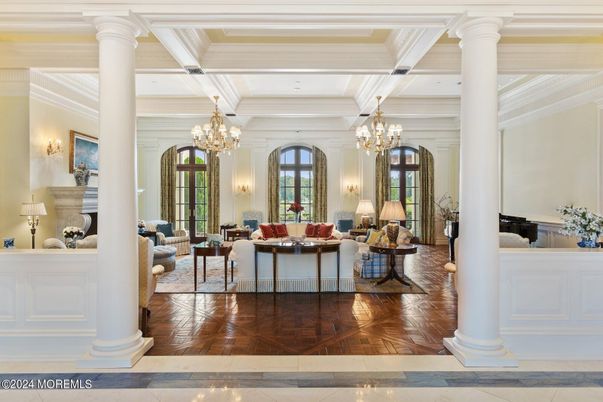 Chandelier, Fireplace, Interior, Living room, Recessed Lighting, Wood Texture Flooring