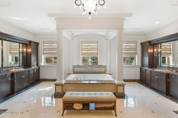 Bathroom, Chandelier, Dual Sink Vanities, Interior, Recessed Lighting