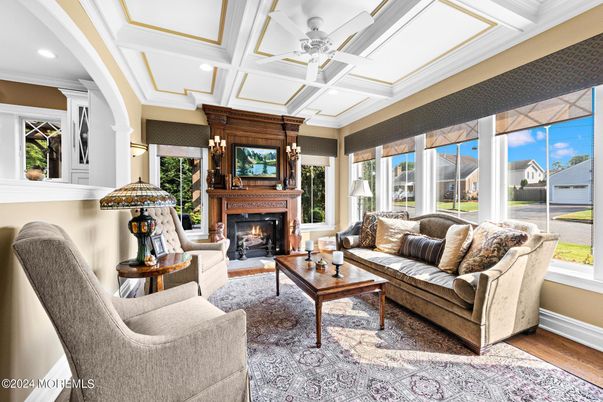 Fireplace, Interior, Living room, Recessed Lighting, Wood Texture Flooring