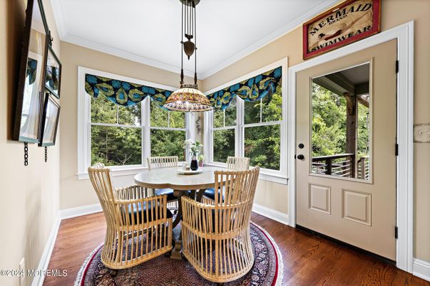 Dining room, Interior, Pendant Lights, Wood Texture Flooring