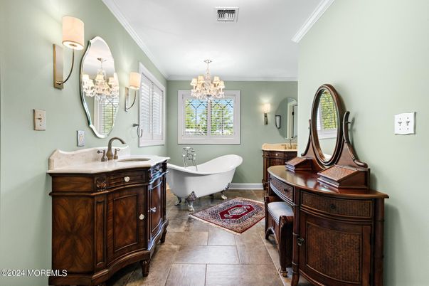 Bathroom, Chandelier, Dual Sink Vanities, Free Standing Baths, Interior