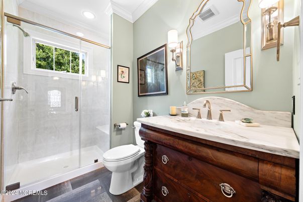 Bathroom, Glass Shower, Interior, Recessed Lighting, Wood Texture Flooring