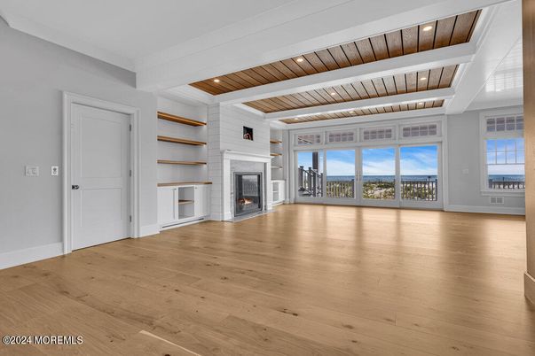 Empty room, Fireplace, Interior, Recessed Lighting, Wooden Ceilings, Wood Texture Flooring