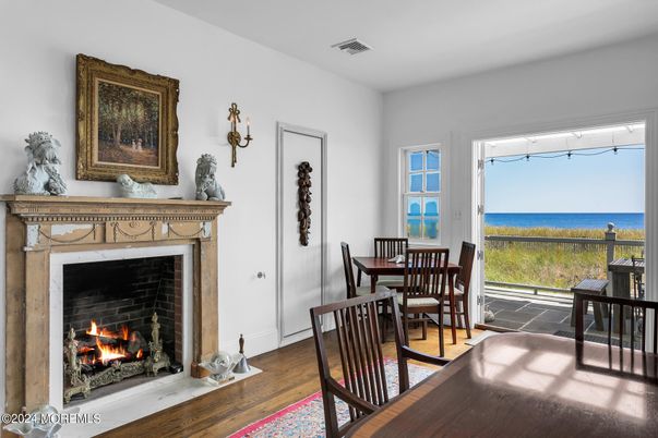 Dining room, Fireplace, Interior, Water, Wood Texture Flooring