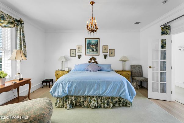 Bedroom, Chandelier, Interior, Wood Texture Flooring