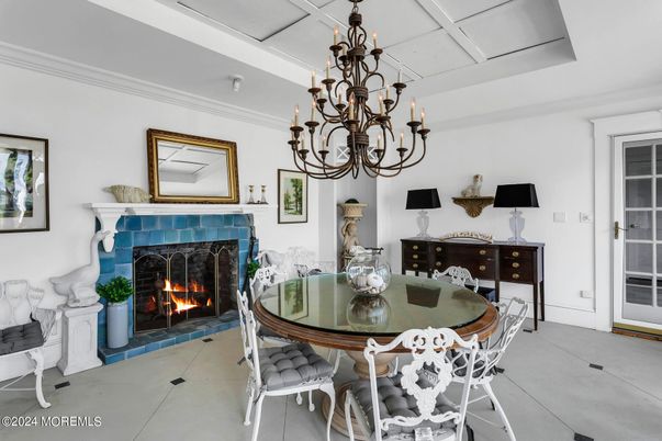 Chandelier, Dining room, Fireplace, Interior