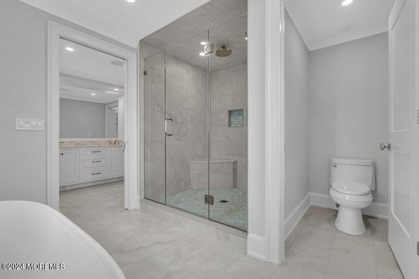 Bathroom, Glass Shower, Interior, Marble Walls, Recessed Lighting