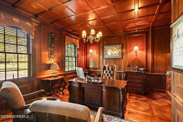 Chandelier, Home Office, Interior, Wooden Beams, Wooden Ceilings, Wood Texture Flooring, Wooden Walls