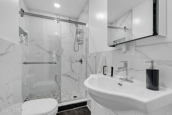 Bathroom, Glass Shower, Interior, Marble Walls, Recessed Lighting