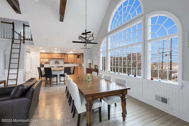 Dining room, Interior, Kitchen, Pendant Lights, Recessed Lighting, Stainless Steel Appliances, Wooden Beams, Wood Texture Flooring