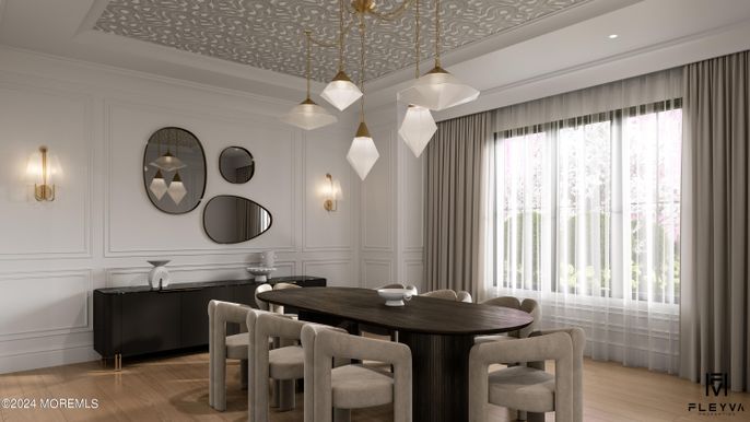 Dining room, Interior, Pendant Lights, Recessed Lighting, Wood Texture Flooring