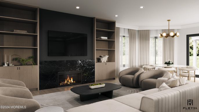 Fireplace, Interior, Living room, Pendant Lights, Recessed Lighting, Wood Texture Flooring