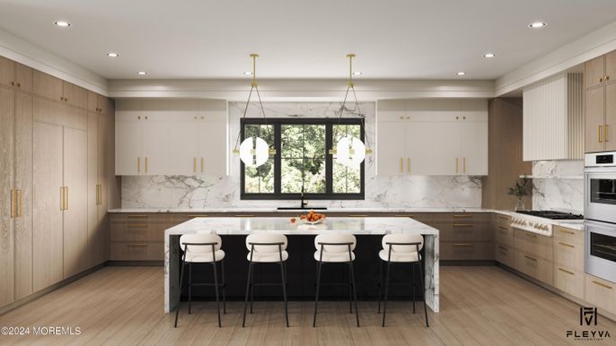 Interior, Kitchen, Marble Walls, Pendant Lights, Recessed Lighting, Stainless Steel Appliances, Wood Texture Flooring