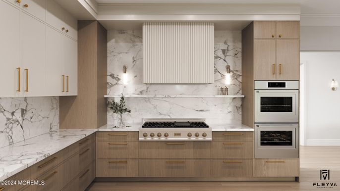 Interior, Kitchen, Marble Walls, Stainless Steel Appliances, Wood Texture Flooring