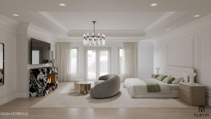 Bedroom, Fireplace, Interior, Pendant Lights, Recessed Lighting, Wood Texture Flooring