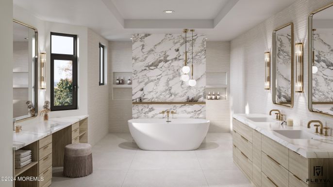 Bathroom, Dual Sink Vanities, Free Standing Baths, Interior, Marble Walls, Recessed Lighting