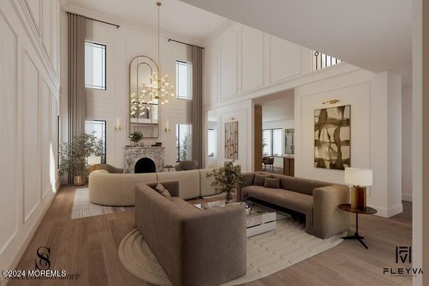 Fireplace, Interior, Living room, Pendant Lights, Wood Texture Flooring