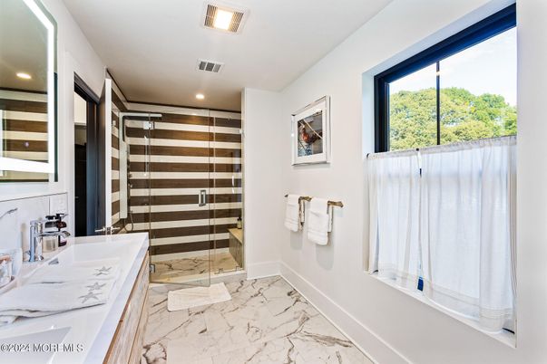 Bathroom, Glass Shower, Interior, Marble, Recessed Lighting