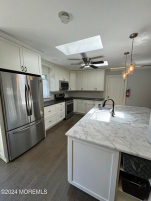 Interior, Kitchen, Pendant Lights, Stainless Steel Appliances, Wood Texture Flooring