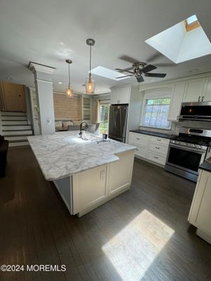 Interior, Kitchen, Pendant Lights, Stainless Steel Appliances, Wood Texture Flooring