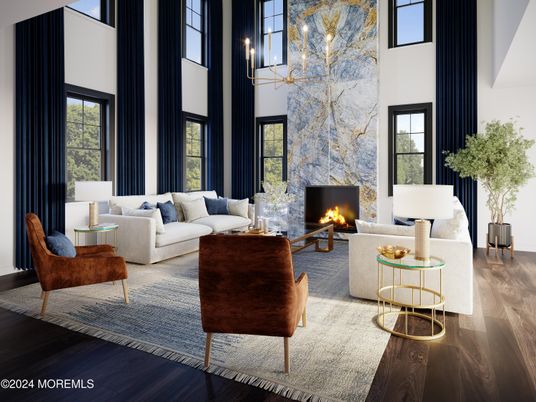 Fireplace, Interior, Living room, Pendant Lights, Stone Walls, Wood Texture Flooring