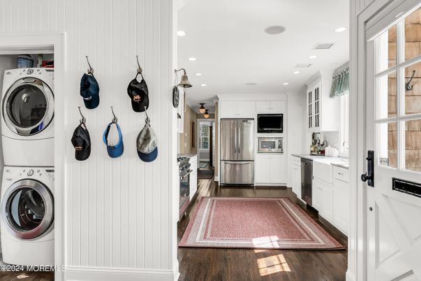 Interior, Kitchen, Recessed Lighting, Stainless Steel Appliances, Washer, Wood Texture Flooring