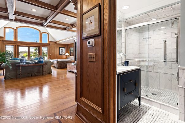 Bathroom, Glass Shower, Interior, Recessed Lighting, Wooden Beams, Wood Texture Flooring