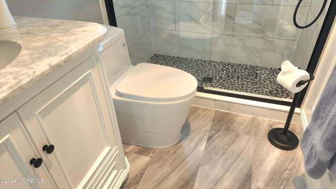 Bathroom, Interior, Marble Walls, Wood Texture Flooring