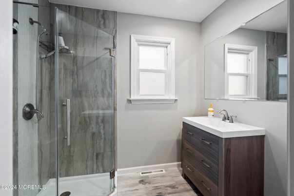 Bathroom, Glass Shower, Interior, Recessed Lighting, Wood Texture Flooring