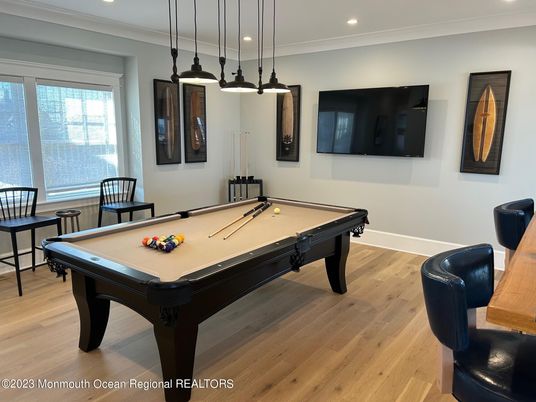 Billiard Table, Game Room, Interior, Pendant Lights, Recessed Lighting, Wood Texture Flooring