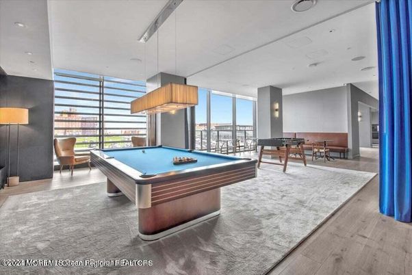 Billiard Table, Game Room, Interior, Pendant Lights, Recessed Lighting, Wood Texture Flooring