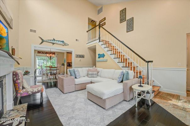 Dining room, Fireplace, Interior, Living room, Wood Texture Flooring