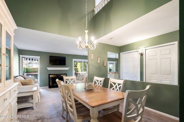 Chandelier, Dining room, Fireplace, Interior