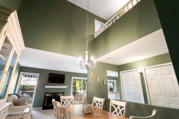 Chandelier, Dining room, Fireplace, Interior