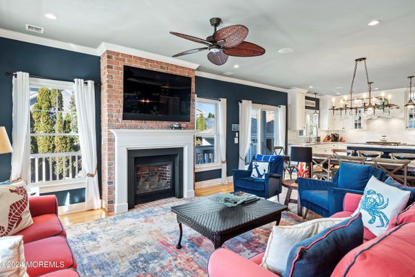 Dining room, Fireplace, Interior, Kitchen, Living room, Pendant Lights, Recessed Lighting, Stone Walls, Wood Texture Flooring