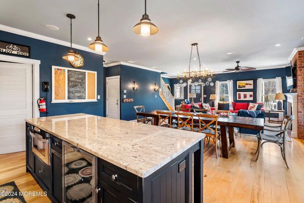 Dining room, Interior, Pendant Lights, Recessed Lighting, Wood Texture Flooring