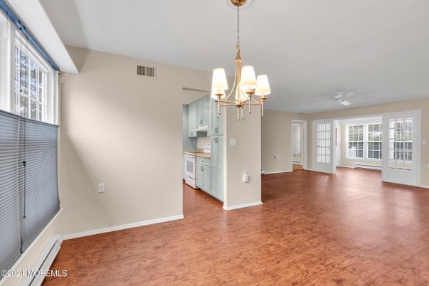 Chandelier, Empty room, Interior, Kitchen, Wood Texture Flooring
