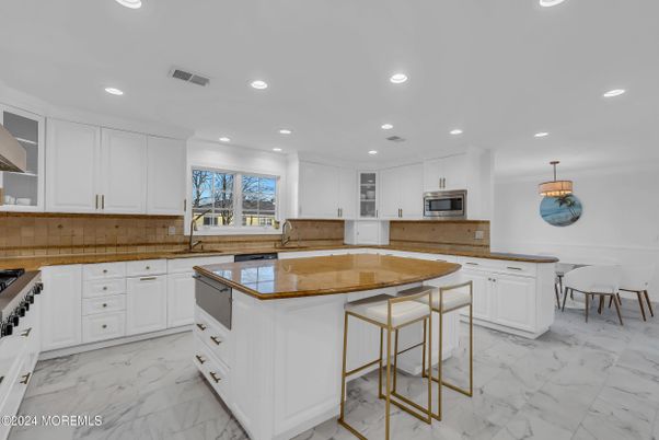 Interior, Kitchen, Marble, Pendant Lights, Recessed Lighting, Stainless Steel Appliances